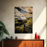 Prairie Wagon, Stormy Sky, Western Landscape, Framed Canvas Print, Rustic Wall Art, Barn Landscape Oil Painting, Farmhouse Art, Moody Art