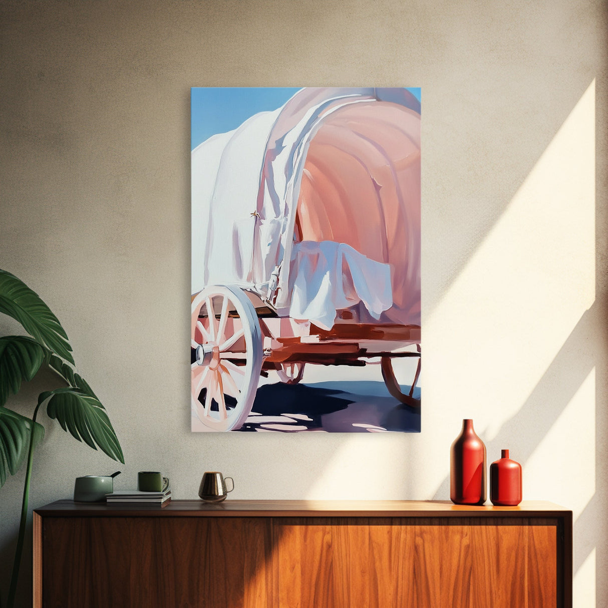 Rustic Wagon, pink abstract art, light pink wall art, vintage horse art, farmhouse art, rustic wall art, framed canvas print, gift idea