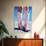 Cowgirl Boots, coastal cowgirl wall art, pink abstract art, rustic art, fashion painting, boho art, framed canvas print, gift idea