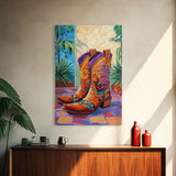 Painted Boots, coastal cowgirl wall art, vibrant rustic decor, colorful western art, cowboy art, southwest wall art, framed canvas print, gift idea