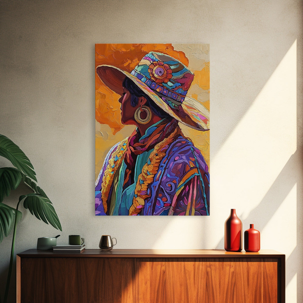 Boho Cowgirl, goddess art print, chicano art, vibrant western painting, colorful fashion art, afrocentric wall art, canvas print, unique decor