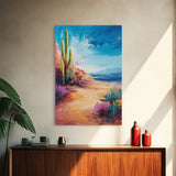 Beach Cactus, coastal landscape, vibrant colors, blue sky, desert meets sea, framed canvas print, coastal cowgirl wall art, boho art
