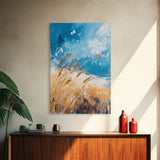Wheat Field, blue sky, golden harvest, windy landscape, nature wall art, rustic decor, framed canvas print, farmhouse wall art