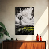 Black and White Windmill, windmill wall art, rustic decor, farmhouse art, landscape painting, framed canvas print, above bed wall art