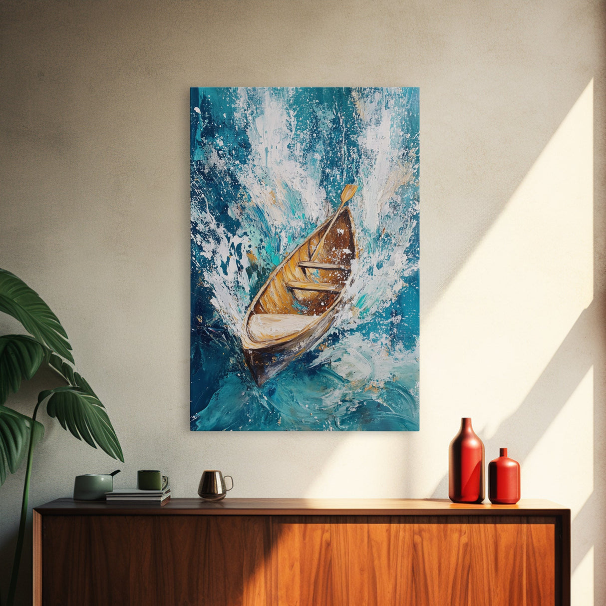Wooden Boat in Waves, nautical painting, coastal decor, ocean waves art, seascape painting, framed canvas print, living room art, rustic art
