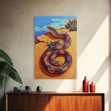 Coiled Snake, Vibrant Snake Art, Desert Landscape, Wildlife Art, Southwest Wall Art, Unique Decor, Framed Canvas Print