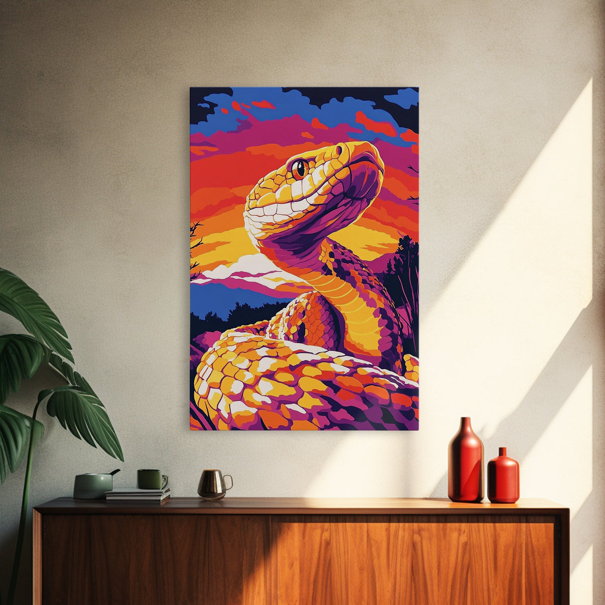 Rattlesnake Sunset, Bold Snake Art, Vibrant Southwest Decor, Wildlife Art, Nature Painting, Canvas Print, Living Room Art