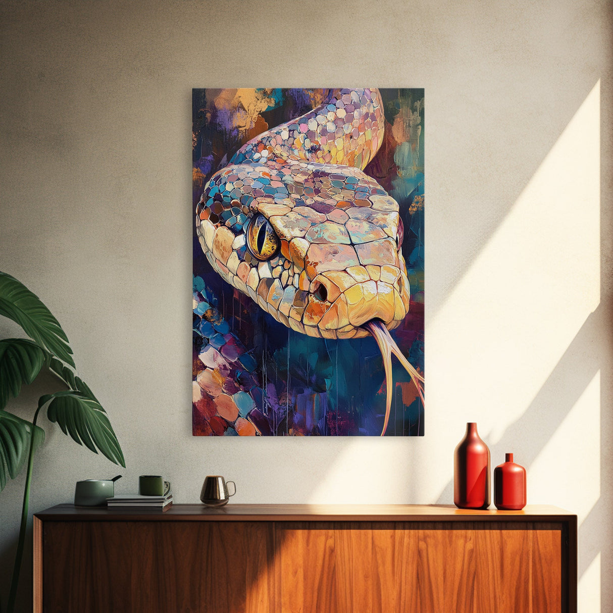 Moody Snake Art, Abstract Wildlife Painting, Colorful Serpent, Southwest Decor, Rustic Art, Framed Canvas Print, Unique Gift