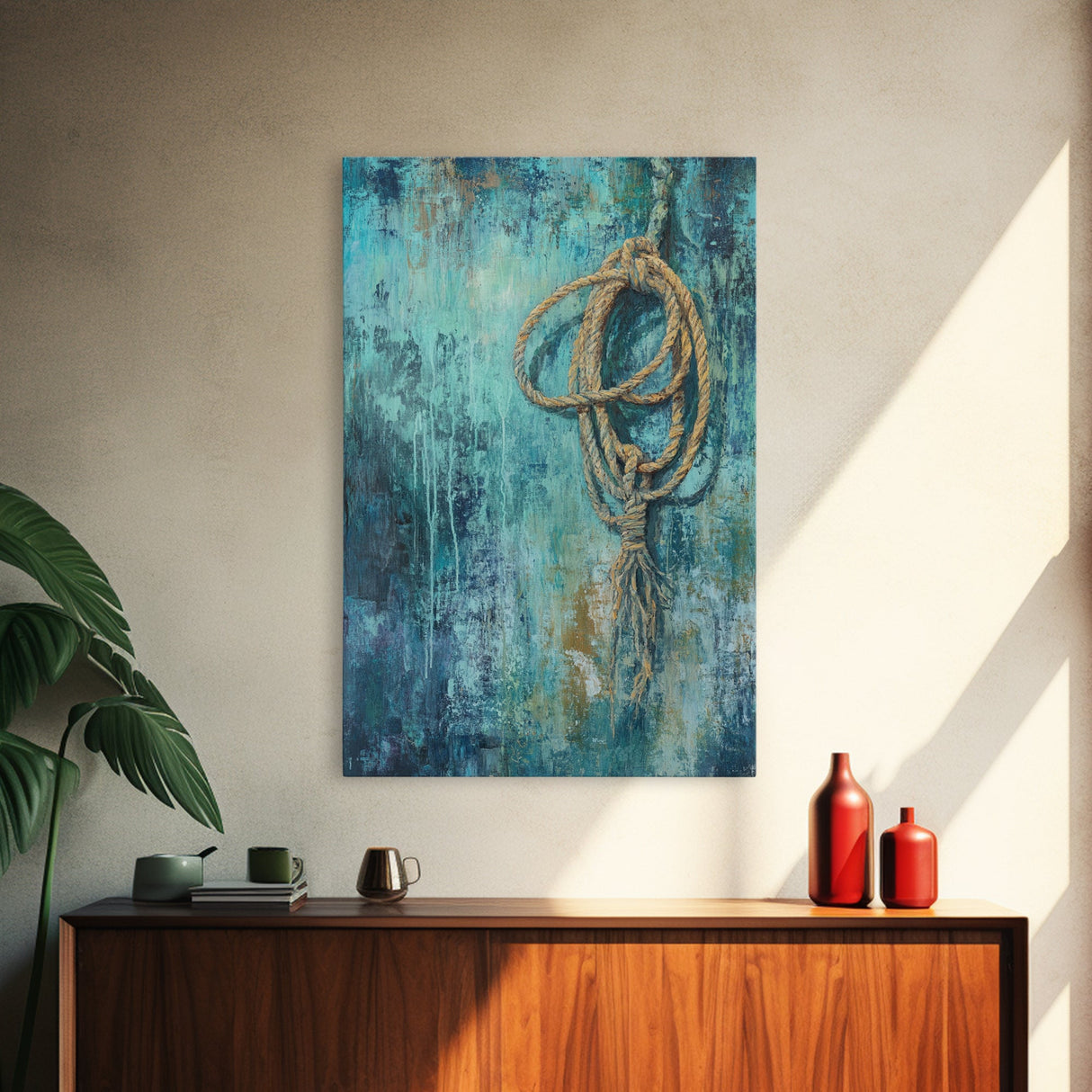 Hanging Rope Art, Moody Art, Framed Canvas Print, Coastal Decor, Wabi Sabi Art, Southwest Wall Art, Nautical Wall Art, Rustic Art
