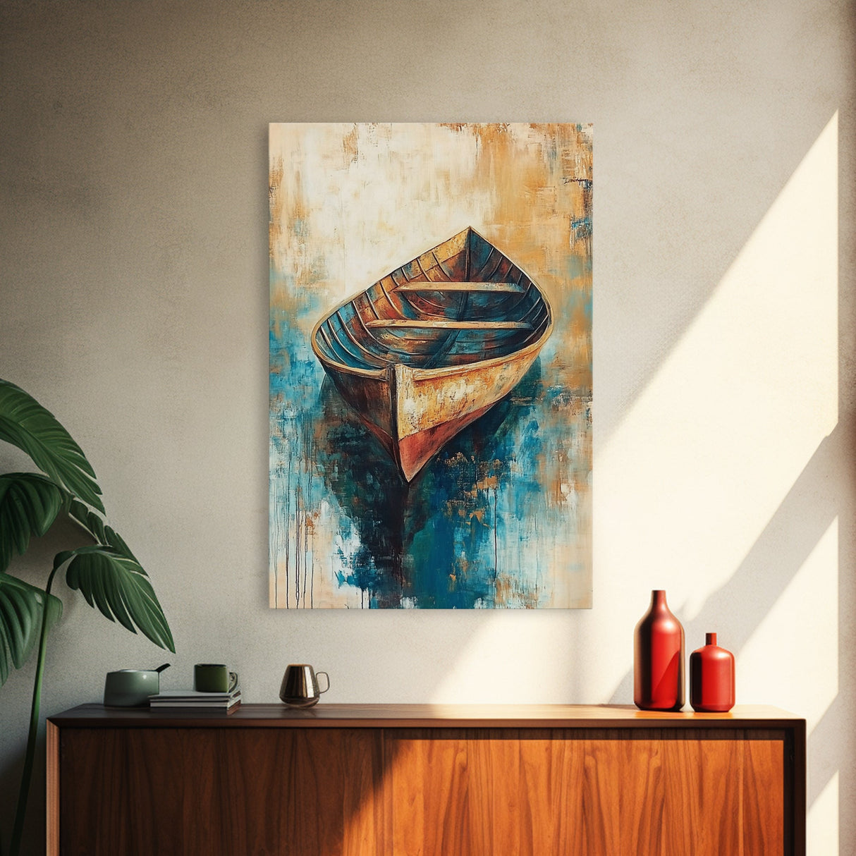 Rustic Rowboat, Nautical Decor, Canvas Print, Seascape Painting, Coastal Wall Art, Rustic Decor, Moody Art, Wabi Sabi Art