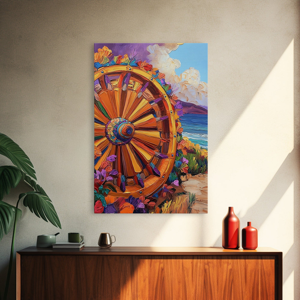 Wagon Wheel Art, Wildflower Painting, Rustic Wall Art, Framed Canvas Print, Boho Aesthetic, Southwest Decor, Farmhouse Art, Gift Idea