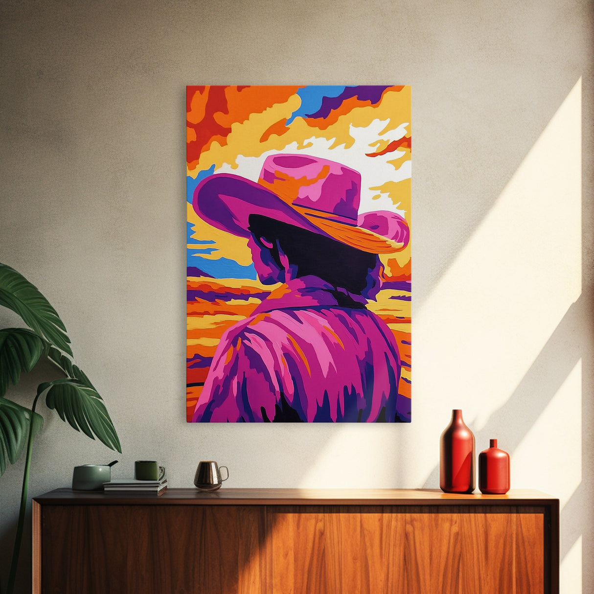 Vibrant Cowboy Painting, Chicano Art, Western Sunset Art, Pink Orange Wall Art, Afrocentric Wall Art, Canvas Print, Southwest Decor, Rustic Wall Art