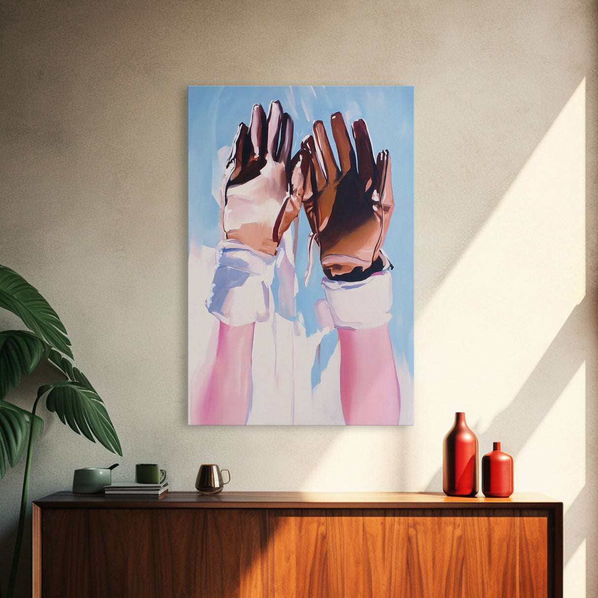 Leather Gloves Up, rustic wall art, cowboy art, boho art, wabi sabi art, warm neutral painting, above sofa art, Framed Canvas Print