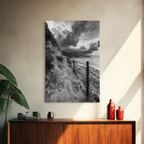 Coastal Path, stormy beach, dramatic sky, coastal wall art, black and white, framed canvas print, moody landscape, nautical decor