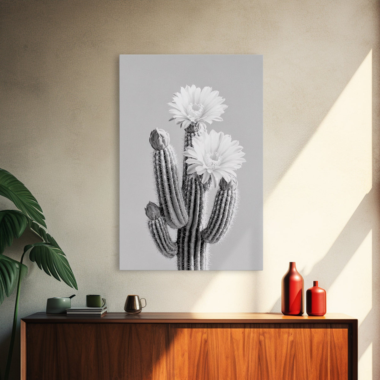 Cactus Bloom, desert botanical, minimalist art, black and white, southwest wall art, framed canvas print, vertical wall art, moody art