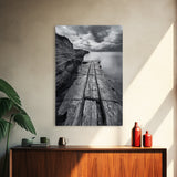 Cliffside view, nautical decor, rustic photography, seascape painting, wabi sabi art, black and white art, canvas print, above sofa art