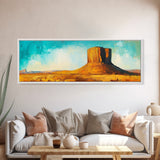 Monument Valley, southwest wall art, mountain painting, rustic wall art, blue and green wall art, extra wide art, Canvas Print