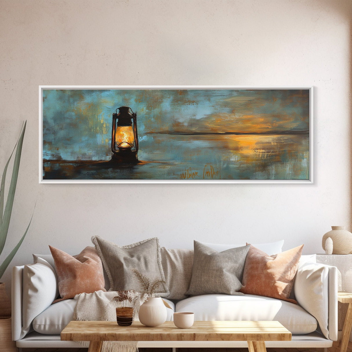 Lantern, rustic art, moody art, oil painting, long narrow wall art, extra wide art, above sofa art, Framed Canvas Print