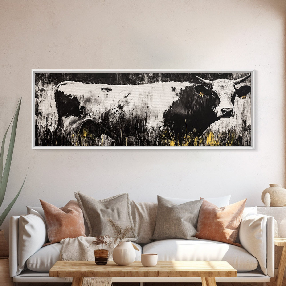 Black and White Cow, farmhouse art, rustic wall art, extra wide art, wabi sabi art, vintage horse art, Canvas Print