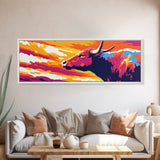 Sunset Bull, bull art, southwest wall art, pink orange wall art, extra wide art, rustic decor, Canvas Print