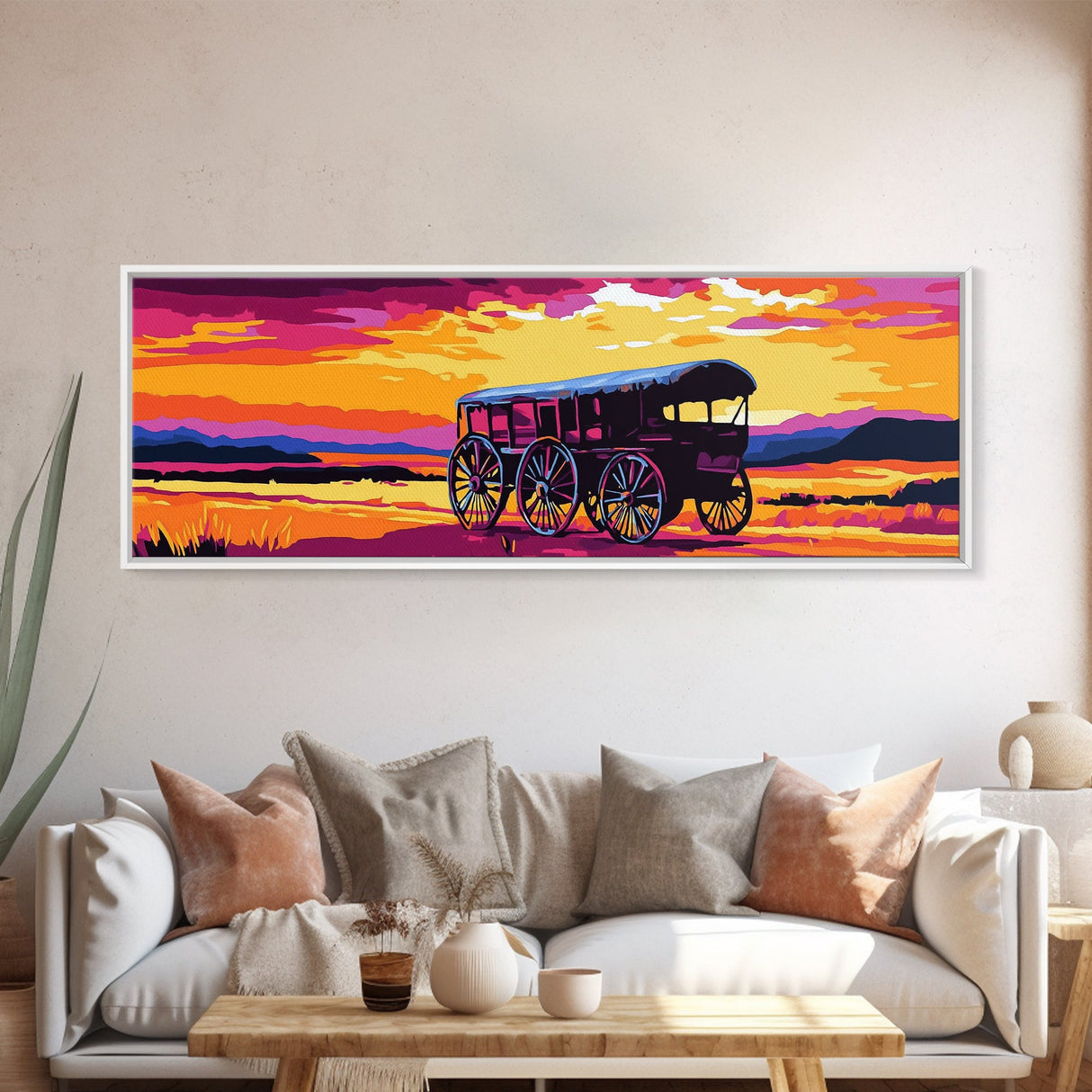 Western Wheels, cowboy painting, rustic wall art, gift idea, farmhouse decor, panoramic art, extra wide art, framed canvas print