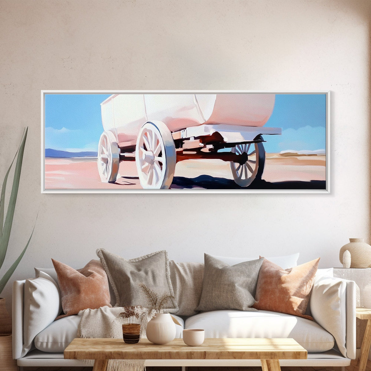 White Wagon, western painting, rustic art, farmhouse wall art, above couch art, cowboy decor, panoramic painting, canvas print, extra wide art