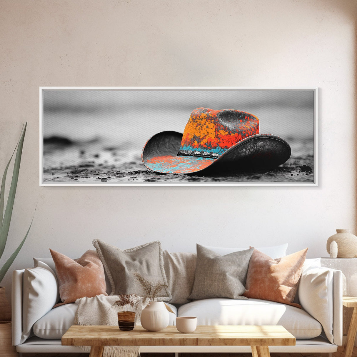 Western Hat, Cowboy Art, Ranch Life Wall Art, Rustic Decor, Moody Art, Extra Wide Art, Horizontal Wall Art, Framed Canvas Print