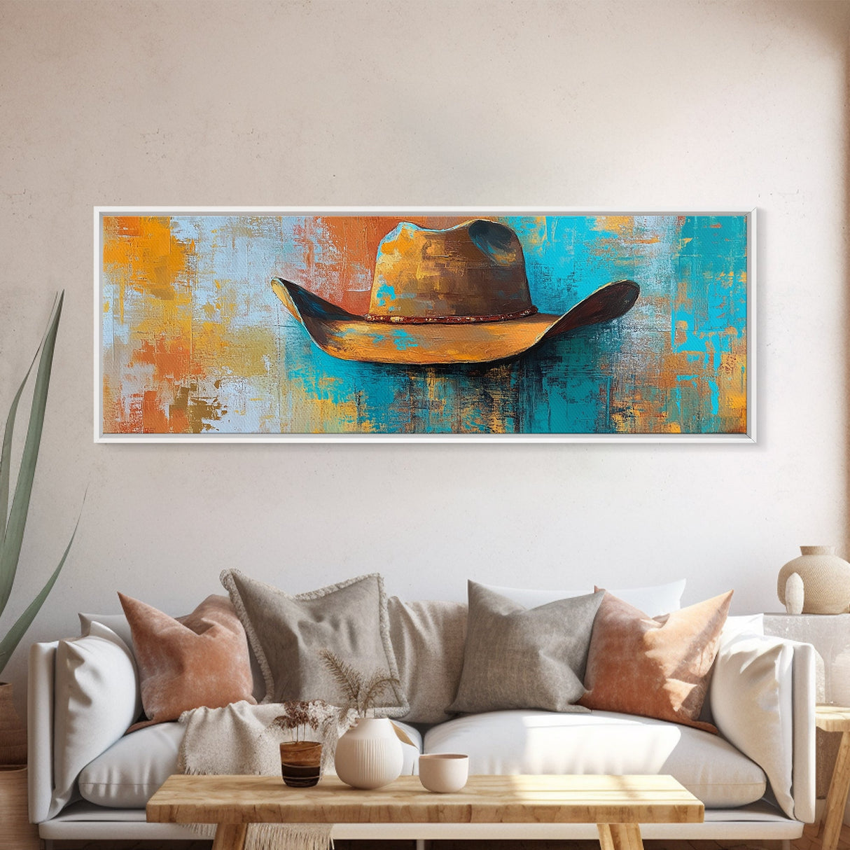 Western Hat Painting, Abstract Cowboy Art, Framed Canvas Print, Extra Wide Art, Rustic Decor, Blue and Green Wall Art, Wabi Sabi Art