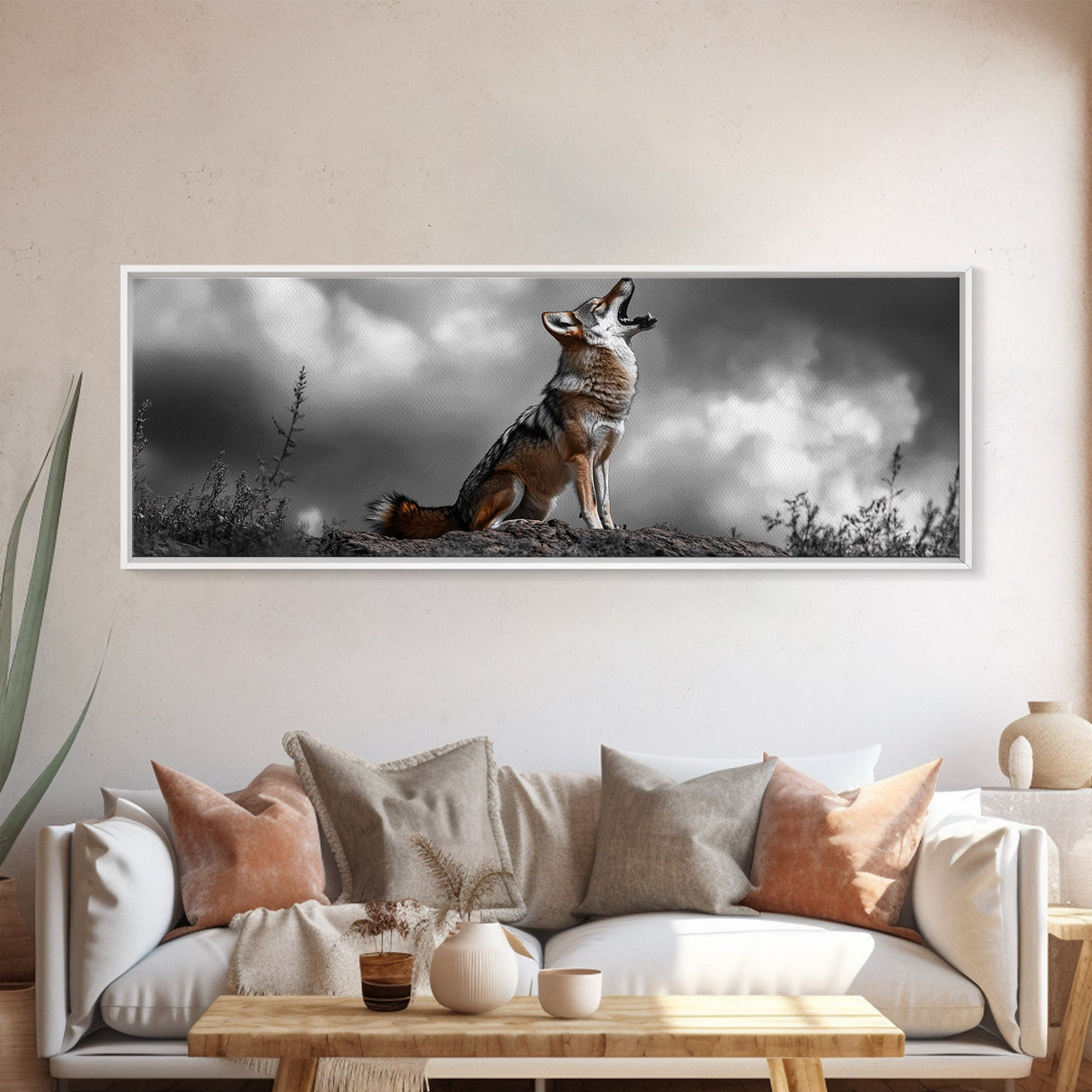 Howling Coyote, Wildlife Art, Nature Wall Art, Rustic Decor, Moody Art, Above Sofa Art, Horizontal Wall Art, Canvas Print