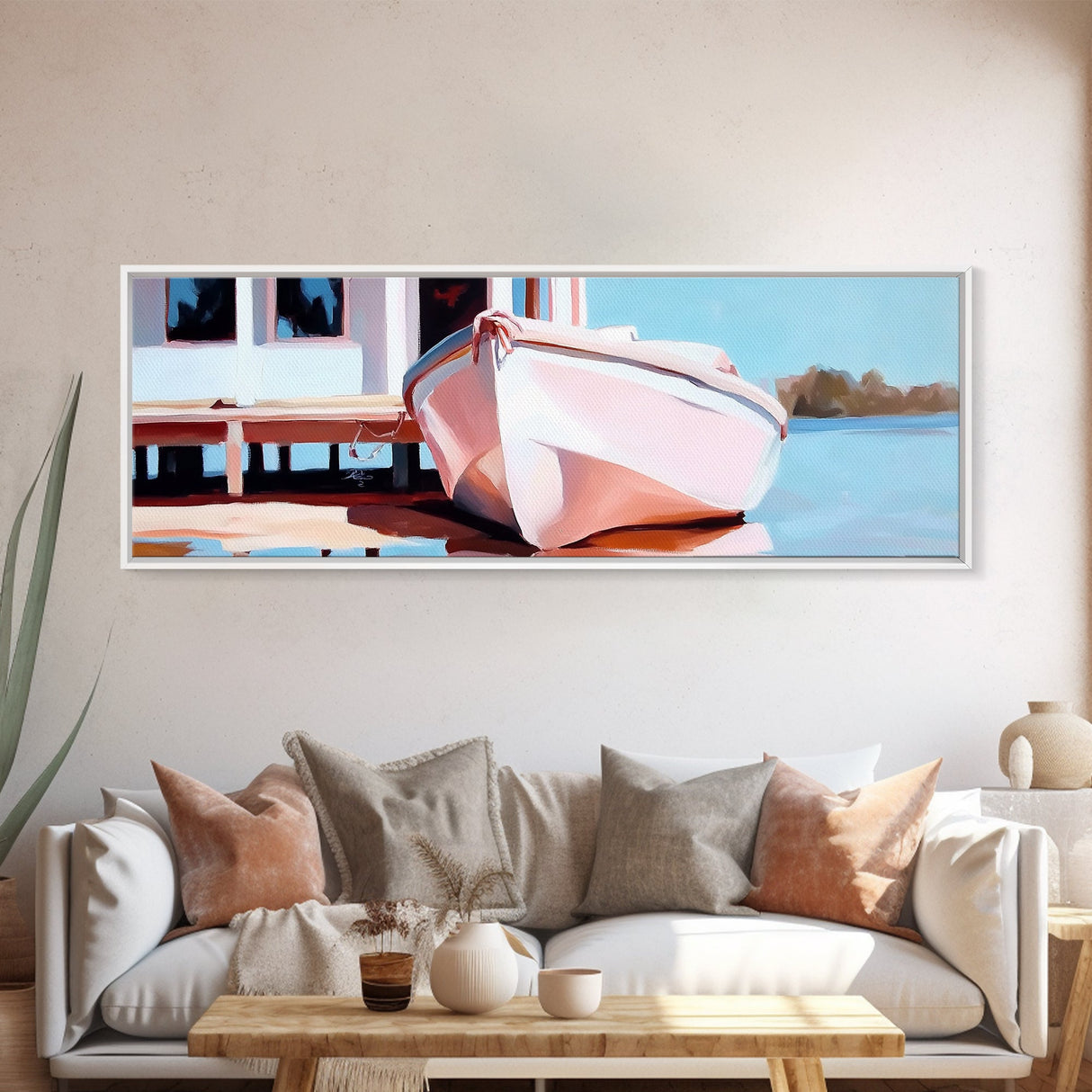 Nautical Wall Art, Framed Canvas Print, Coastal Decor, Boat Painting, Seascape Art, Extra Wide Art, Rustic Wall Art, Living Room Art, Gift Idea