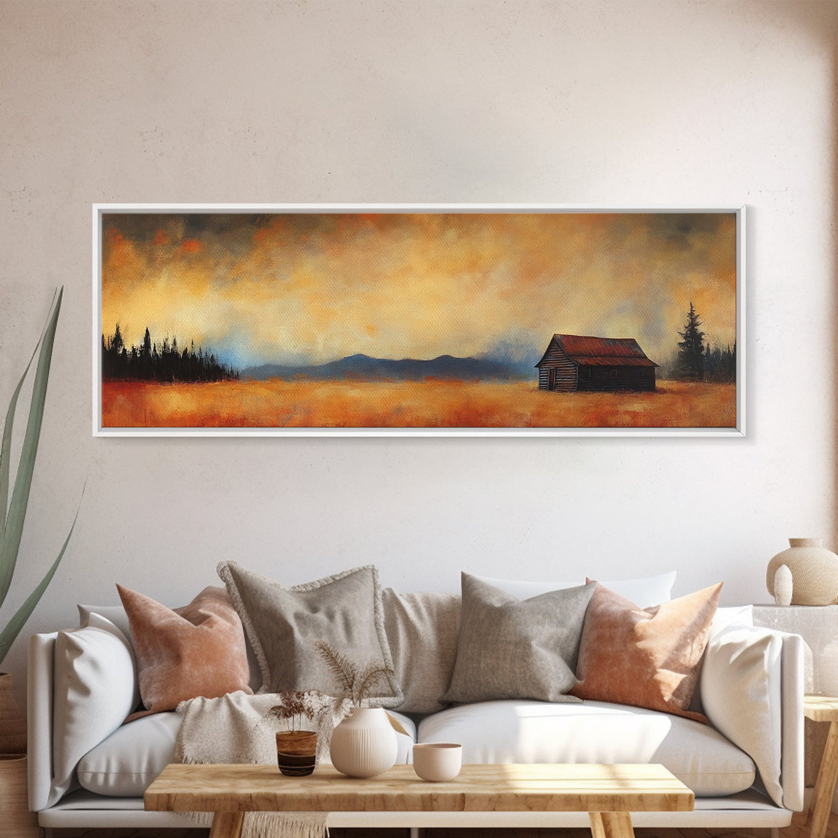 Rustic Wall Art, Framed Canvas Print, Barn Landscape Oil Painting, Moody Art, Extra Wide Art, Fall Decor, Living Room Art, Above Couch Art