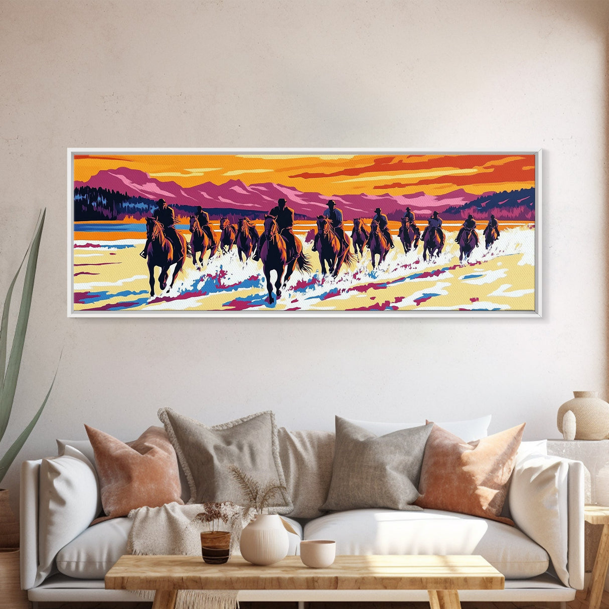 Cowboy Art, Framed Canvas Print, Southwest Wall Art, Vintage Horse Art, Rustic Wall Art, Extra Wide Art, Above Sofa Art, Gift Idea