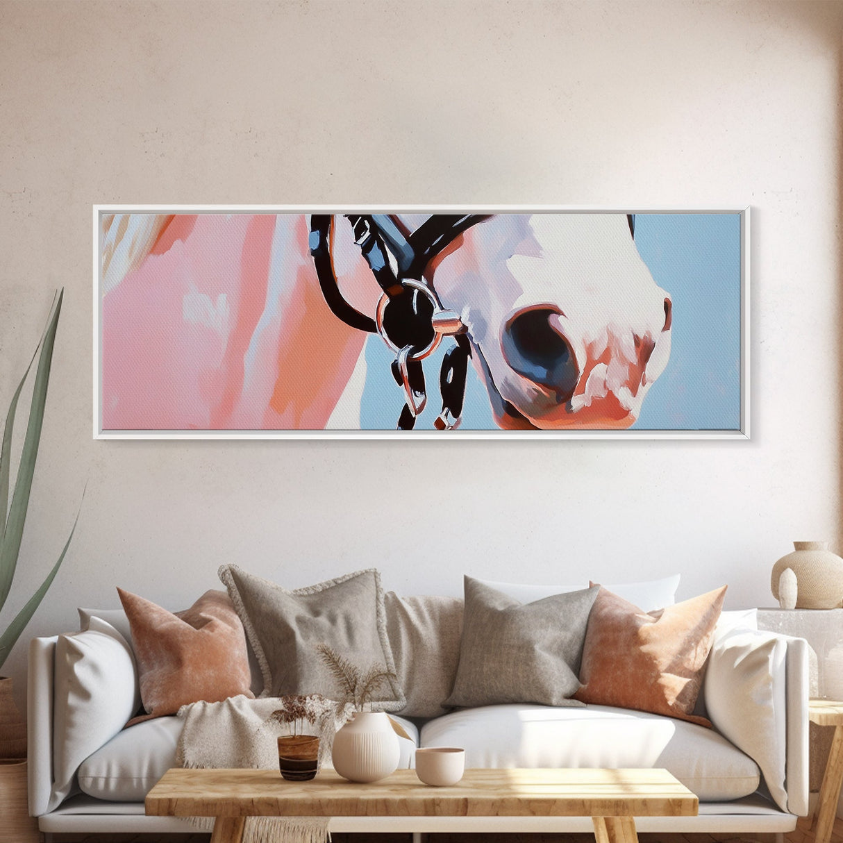 Horse close-up, minimalist art, pink abstract art, soft pastel, boho art, extra wide art, framed canvas print, modern farmhouse decor