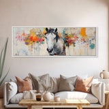 White horse, abstract, moody art, rustic decor, impressionist horse, framed canvas print, extra wide art, modern farmhouse art