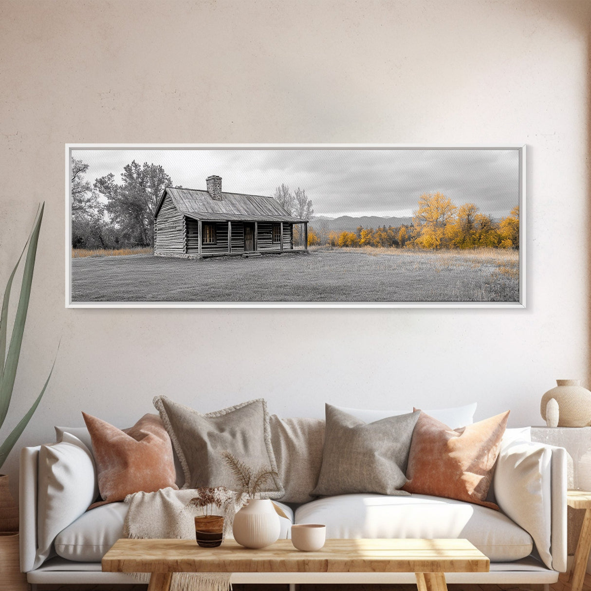 Log Cabin, Fall Art, Rustic Wall Art, Farmhouse Art, Cozy Cabin Art, Landscape Painting, Wabi Sabi Art, Above Couch Art, Framed Canvas Print