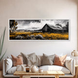 Western Ranch, barn landscape oil painting, rustic decor, farmhouse art, extra wide art, framed canvas print, above couch wall art