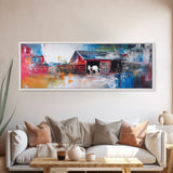 Abstract Barn, barn landscape oil painting, farmhouse art, rustic wall art, extra wide art, framed canvas print, colorful decor