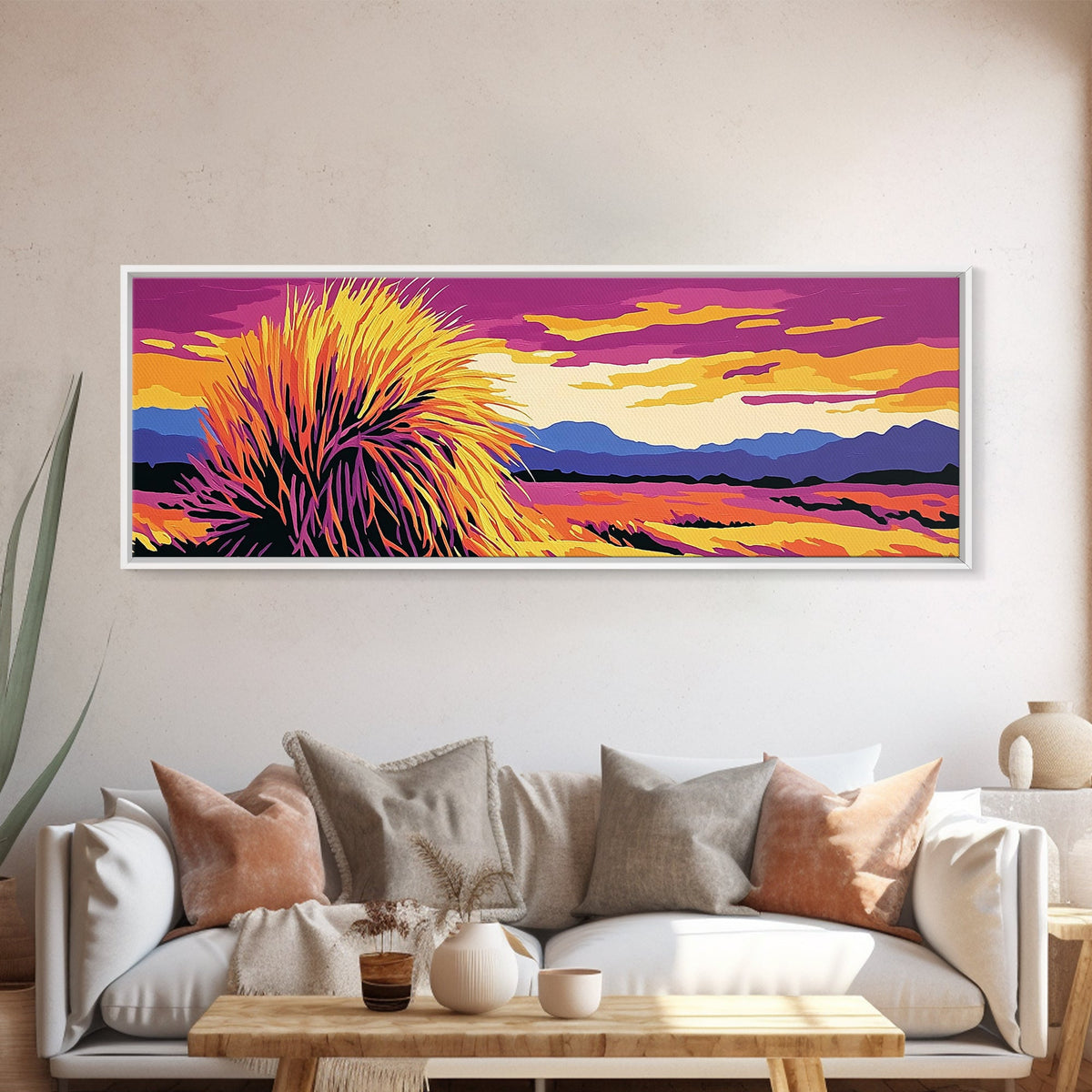 Southwest Desert Art, Joshua Tree Art, Pink Orange Wall Art, Sunset Painting, Abstract Art, Framed Canvas Print, Extra Wide Art