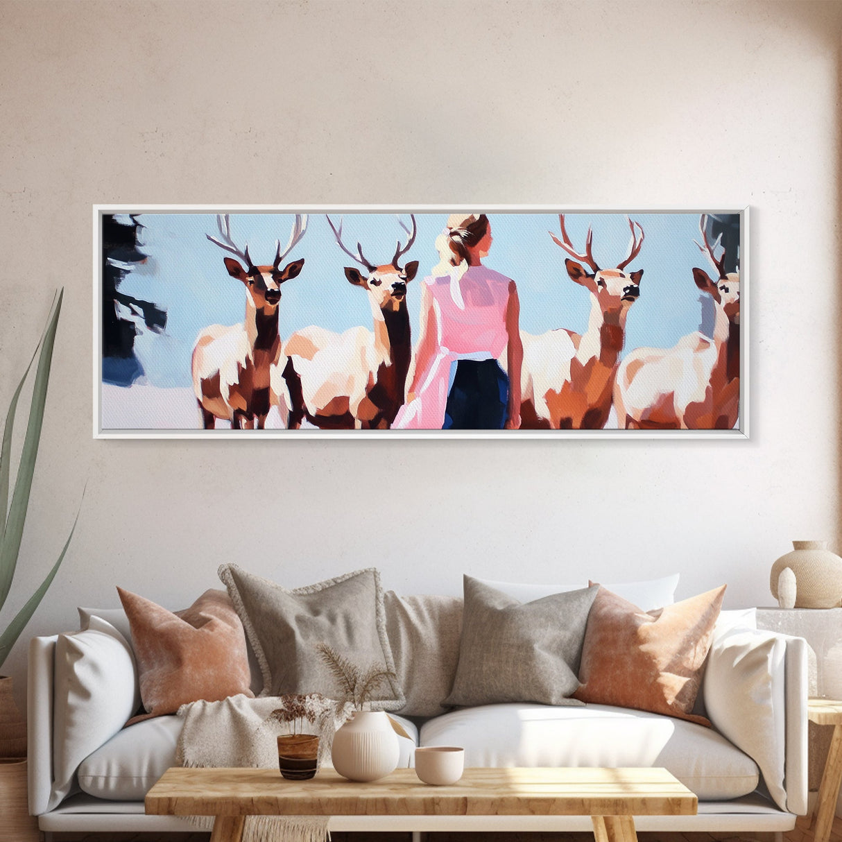 Elk Herd Painting, Mountain Landscape, Rustic Art, Southwest Wall Art, Hunting Lodge Art, Extra Wide Art, Framed Canvas Print