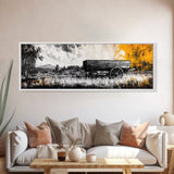 Vintage wooden wagon, rustic wall art, barn landscape oil painting, black and white art, extra wide art, framed canvas print, farmhouse art