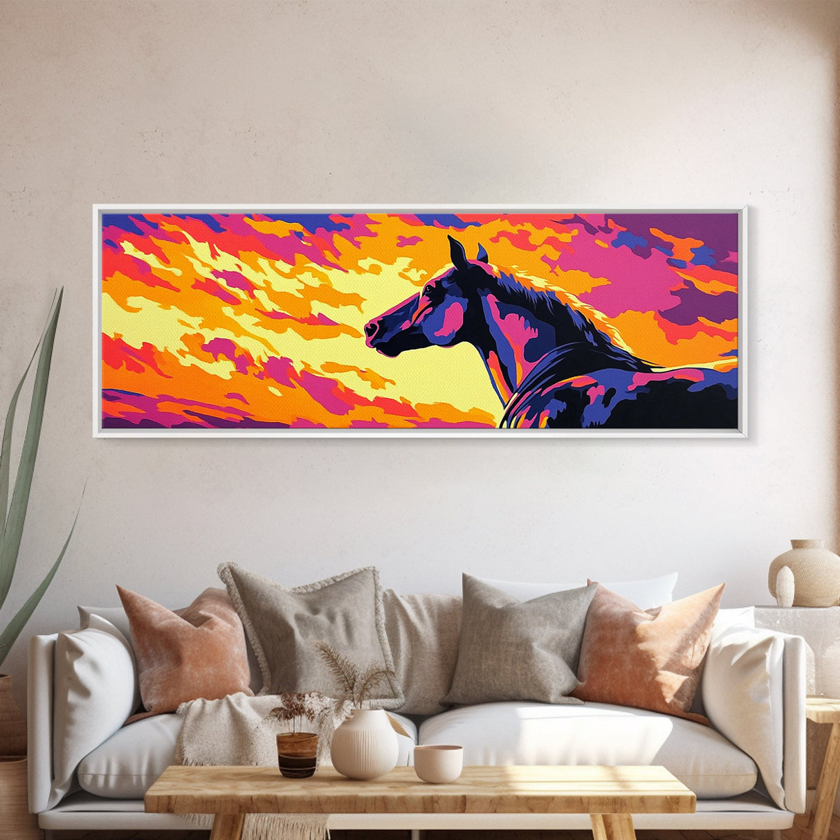 Wild horse, southwest wall art, pink orange wall art, geometric wall art, extra wide art, framed canvas print, panoramic painting, boho art