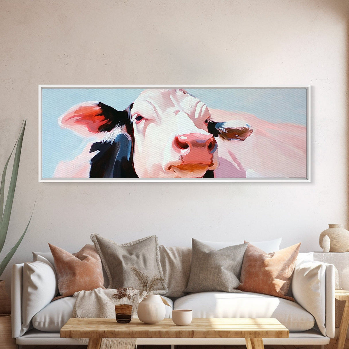 Cow painting, farmhouse art, rustic decor, barn landscape oil painting, extra wide art, framed canvas print, whimsical art, light pink wall art