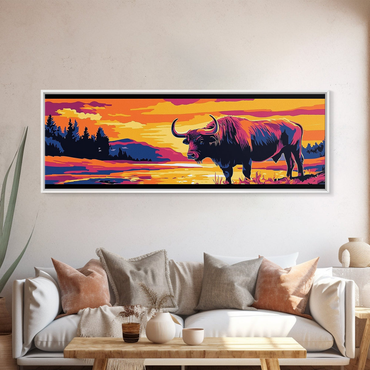 Buffalo painting, colorful animal art, rustic decor, extra wide art, framed canvas print, southwest wall art, landscape painting, wild west art