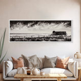 Stormy Wagon, black and white art, moody western painting, rustic decor, farmhouse wall art, extra wide panoramic art, framed canvas print.