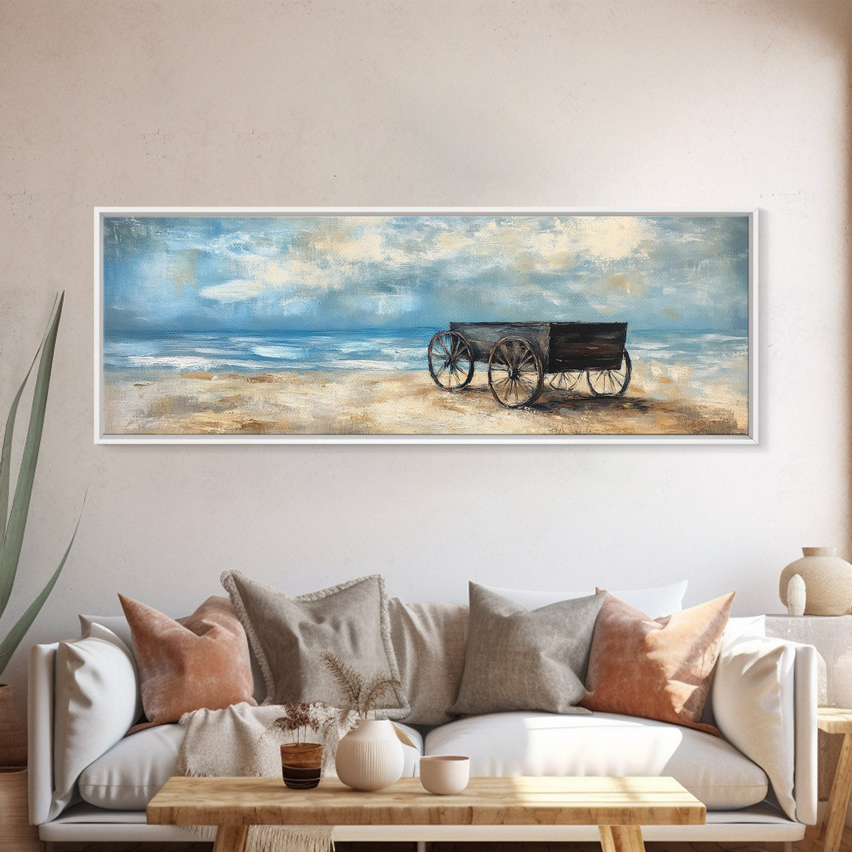 Western Wagon, desert art, cowboy decor, sunset painting, southwest wall art, extra wide panoramic art, framed canvas print