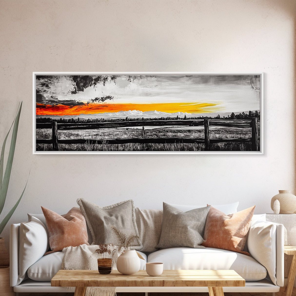 Fence at Sunset, moody landscape art, Joshua tree art, smoky mountain painting, dark romance art, extra wide art, framed canvas print