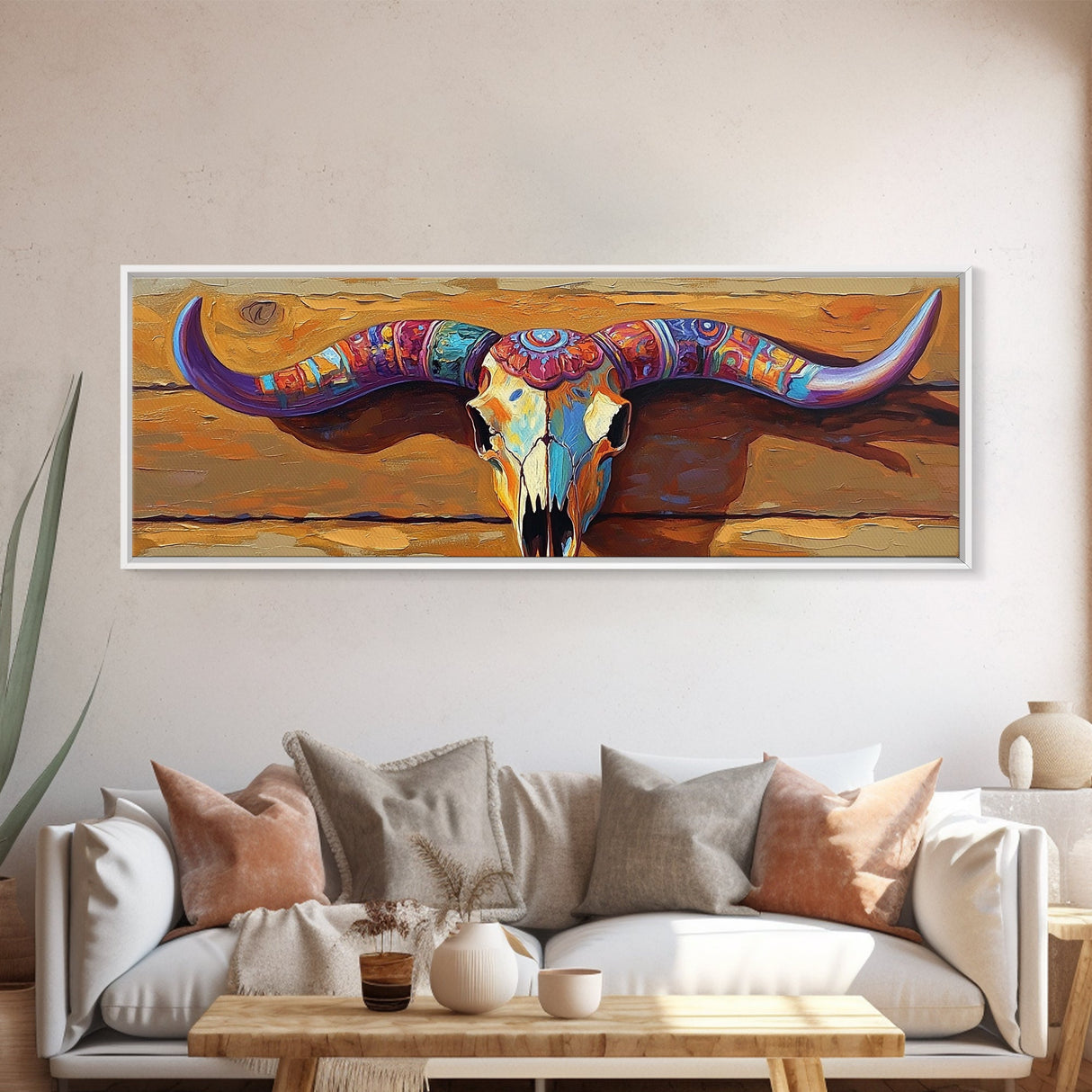 Painted Skull, bull and bear art, rustic decor, extra wide art, southwest wall art, pink orange wall art, framed canvas print