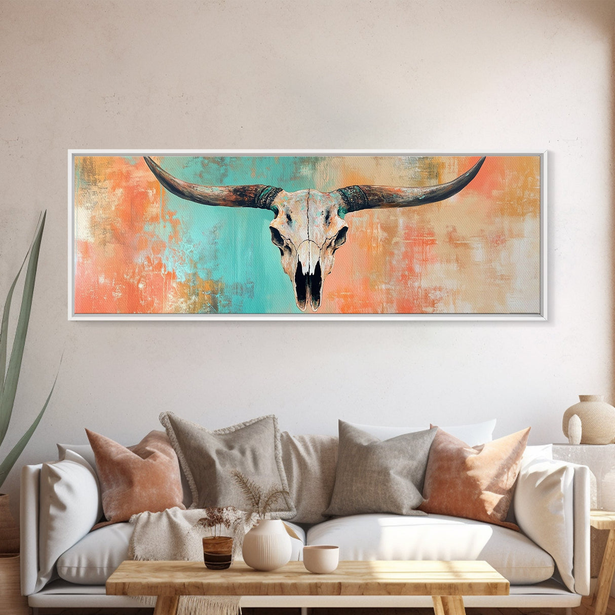Rustic Skull, vintage horse art, southwest wall art, skull art, panoramic painting, rustic wall art, boho art, Canvas Print, farmhouse art