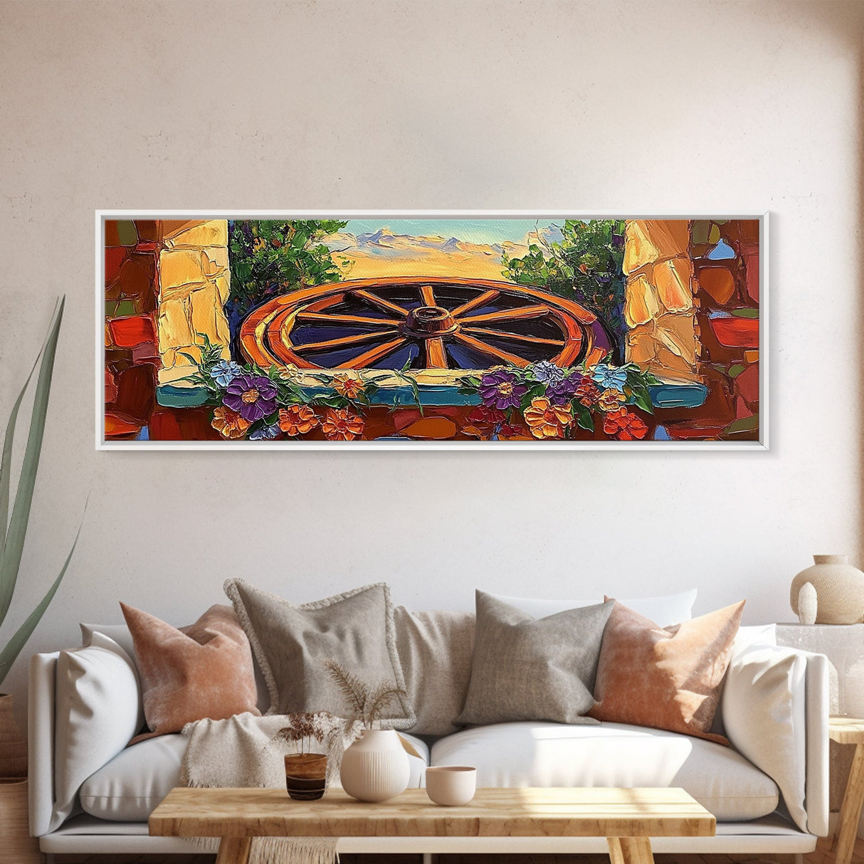 Rustic Wagon Wheel, farmhouse art, southwest wall art, wildflower painting, boho art, extra wide art, framed canvas print, landscape painting