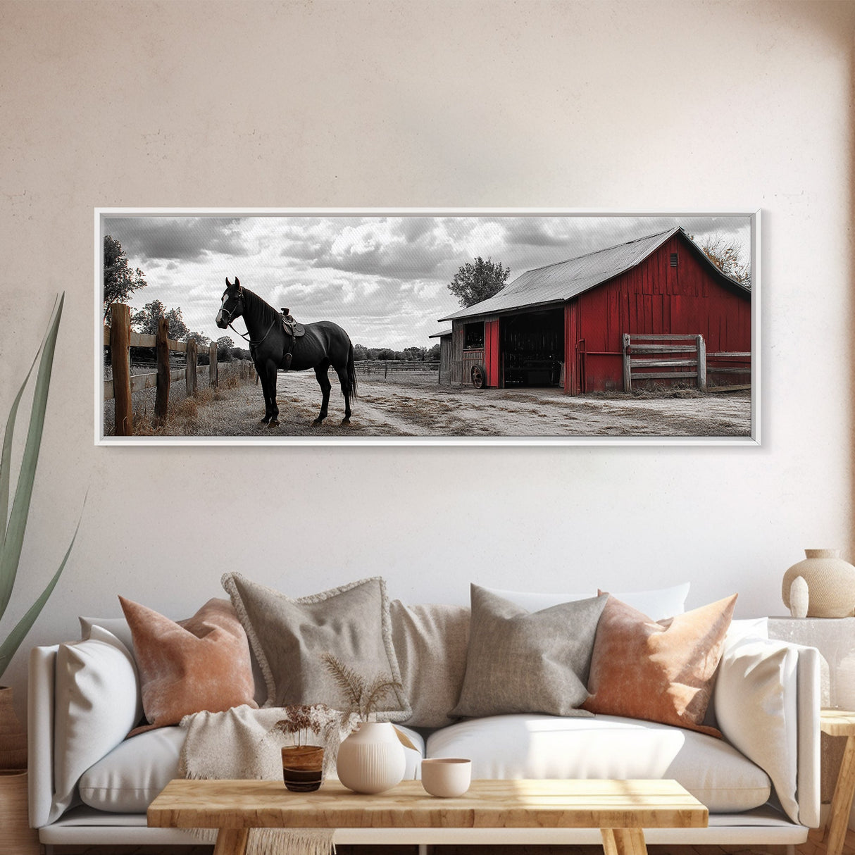 Barn Horse, Rustic Art, Farmhouse Art, Vintage Horse Art, Rural Wall Art, Extra Wide Art, Framed Canvas Print, Guest Room Art